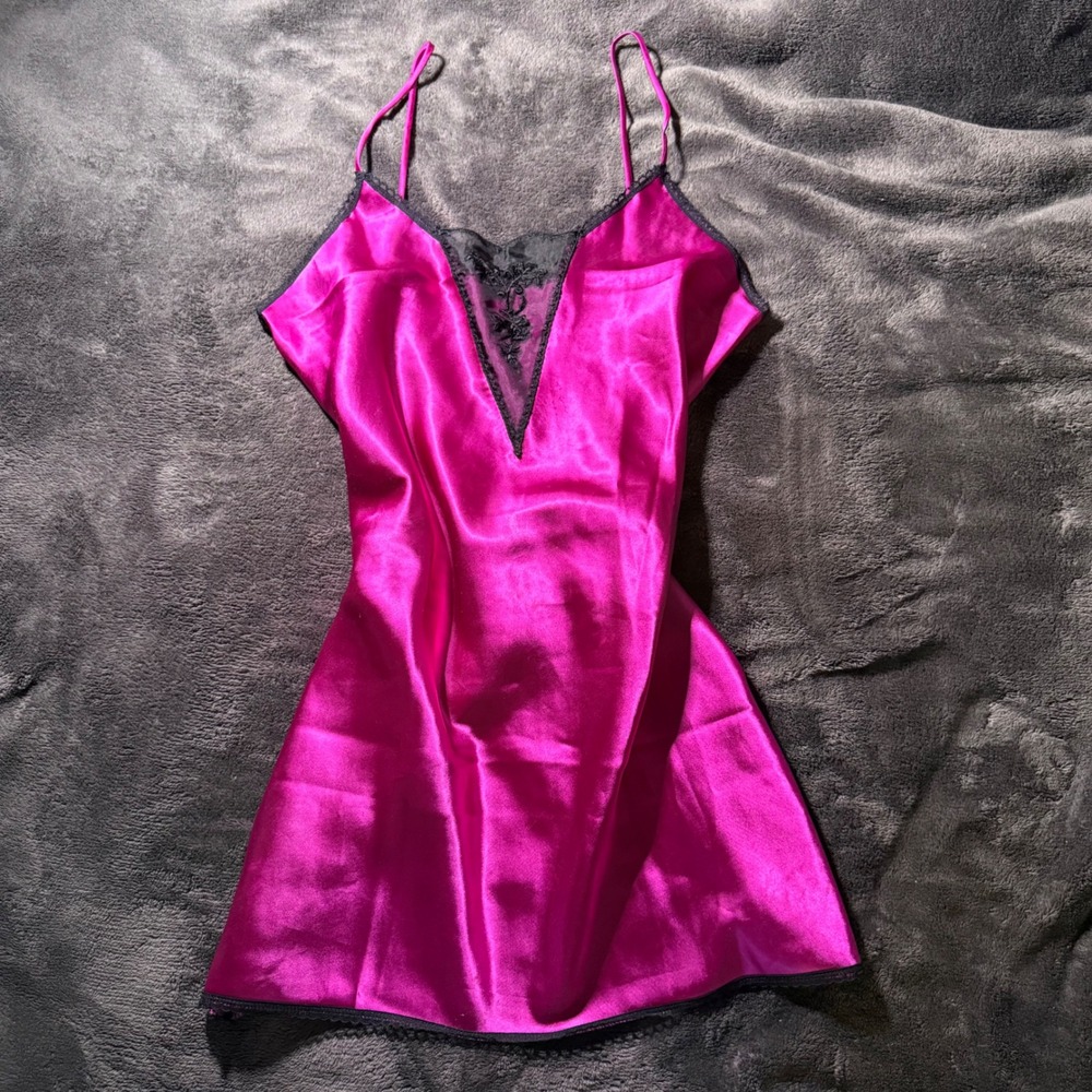 Magenta Satin Lace Chemise Nightgown V-Neck Slip Dress Pink Black Trim Small
